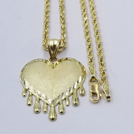 10k Yellow Gold 2.5mm Rope Chain Necklace Dripping Heart Diamond Cut Pendant