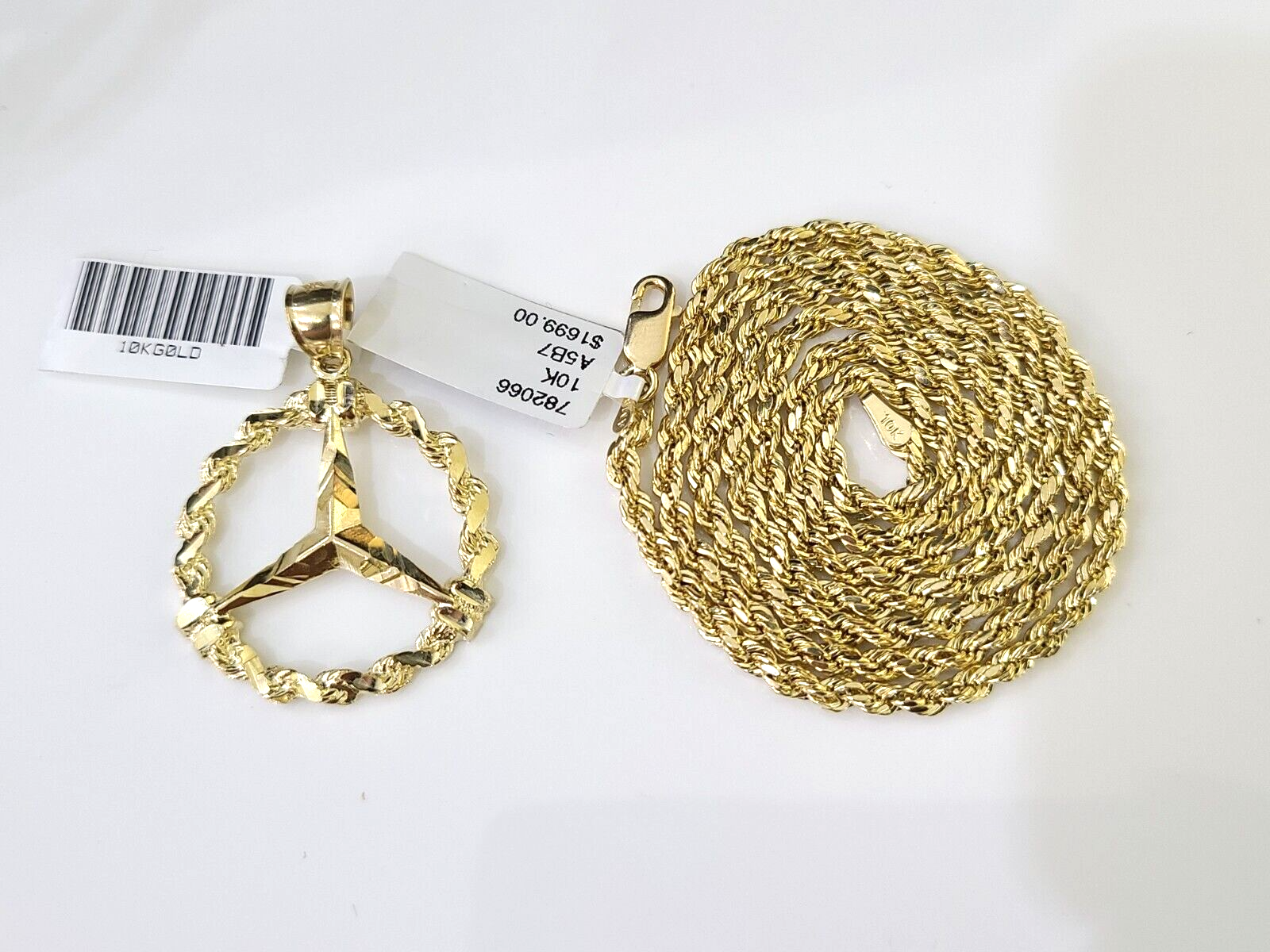 10k Gold Rope Chain & Round Charm \ Pendent SET 3mm 22 Inches Necklace