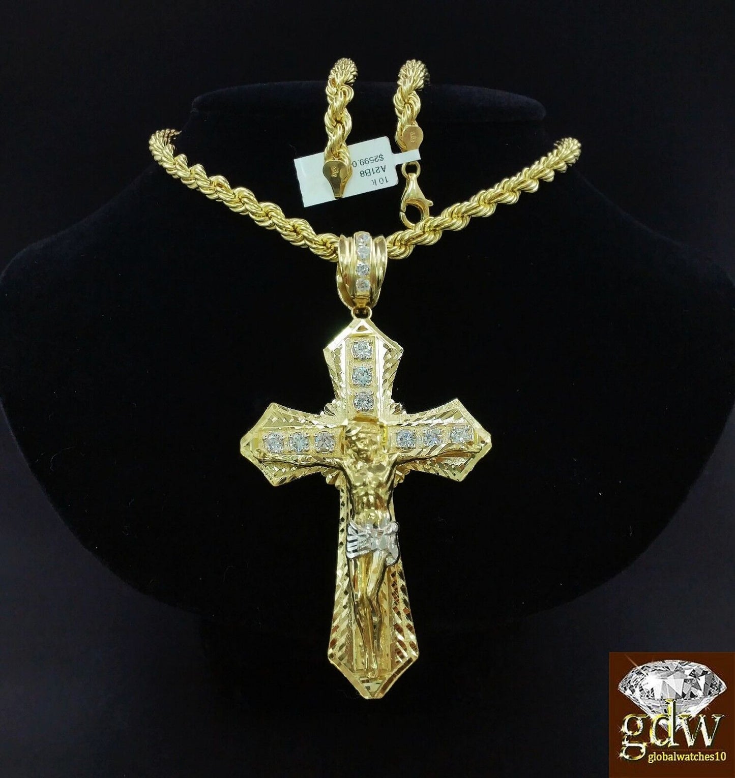 Real 10k Mens Yellow Gold Jesus Cross Charm/Pendant with 28 Inch long Rope Chain