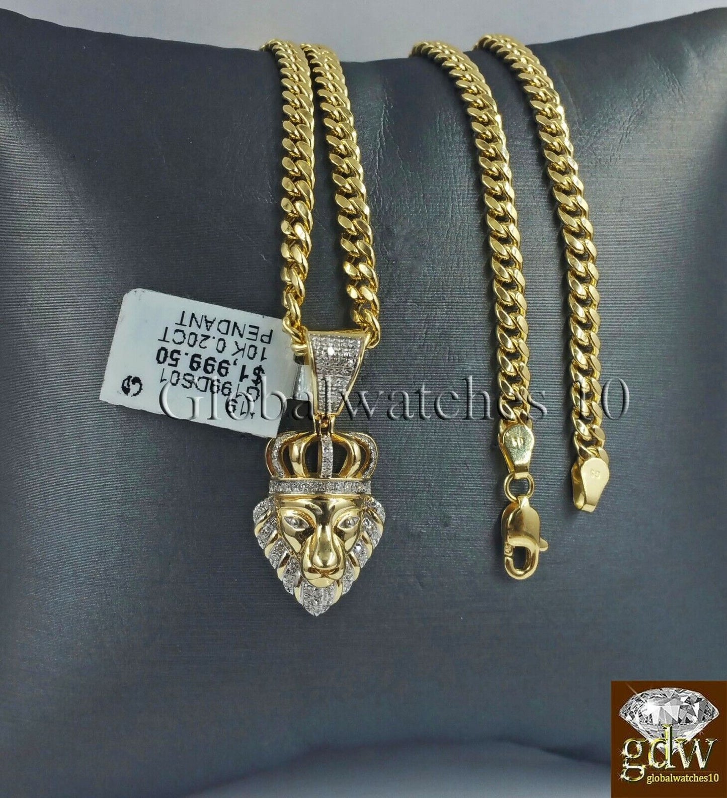 10k Gold & Diamond Lion's Head Charm with 26" Inch Miami Cuban Chain  Men Real