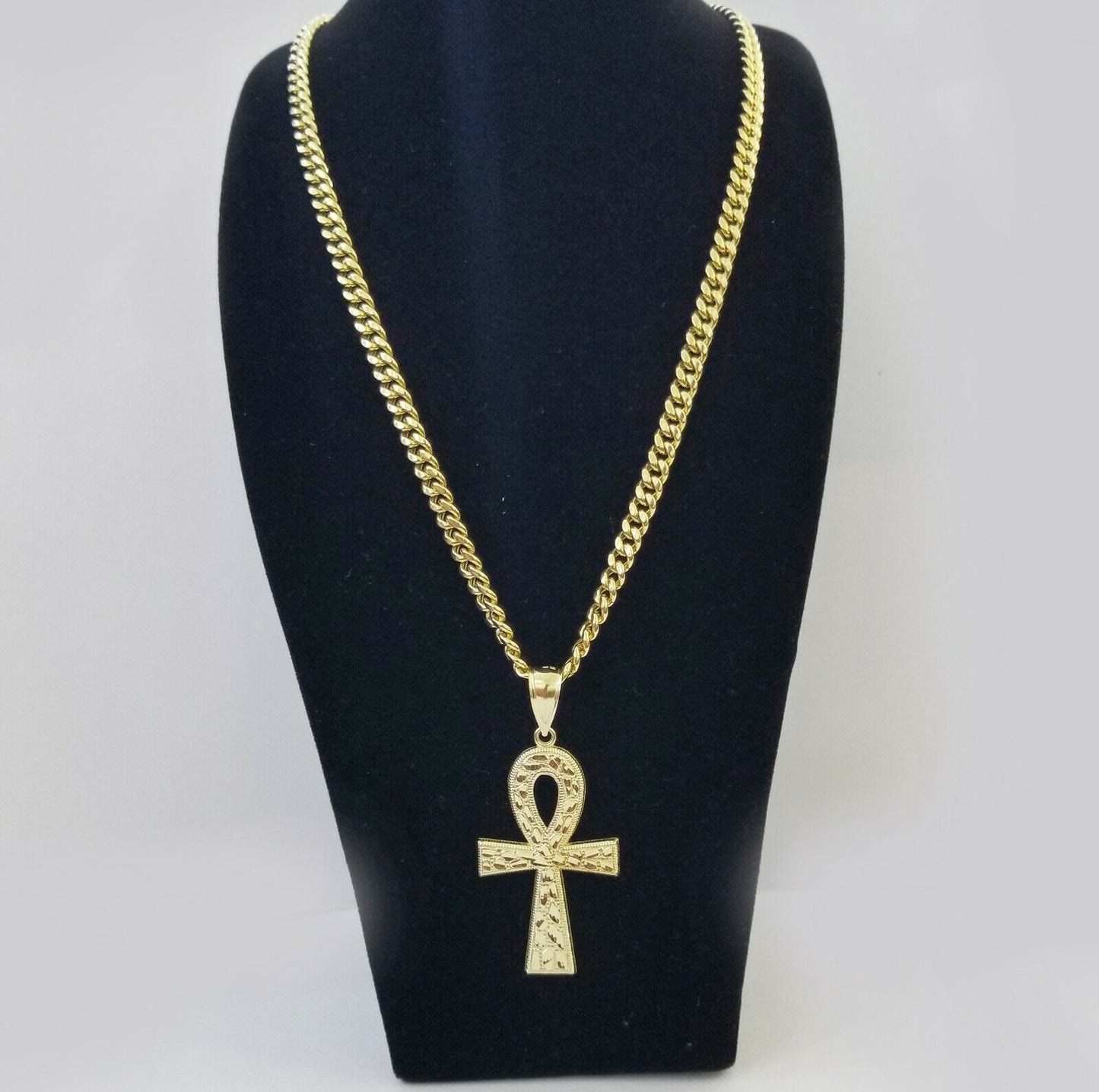 Real 10k Yellow Gold Men Ankh Cross Charm 20" Inch 6mm Miami Cuban Chain