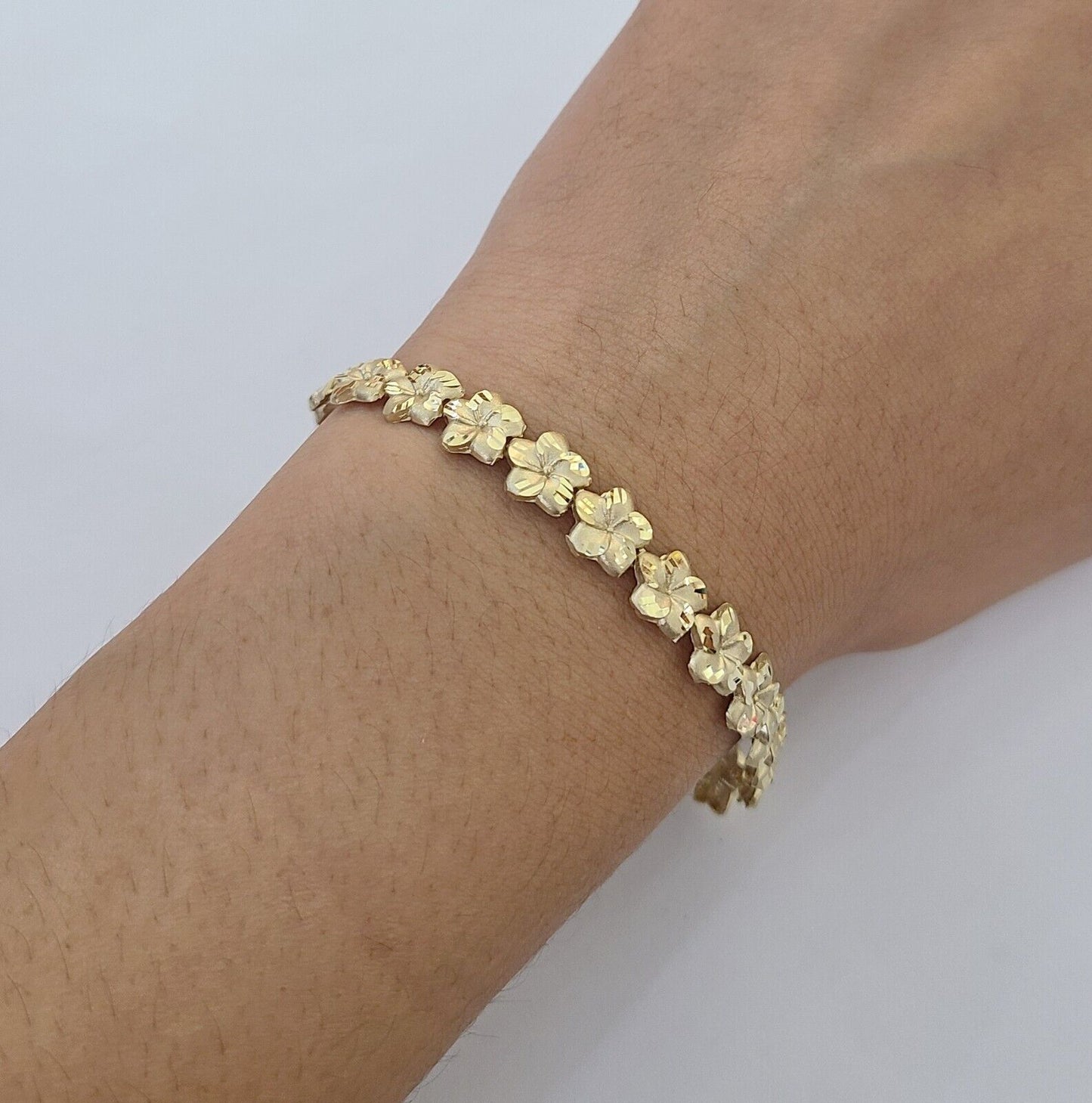 Real 10K Yellow Gold 8mm Flower Bracelet 7.5" Inch 10kt Gold