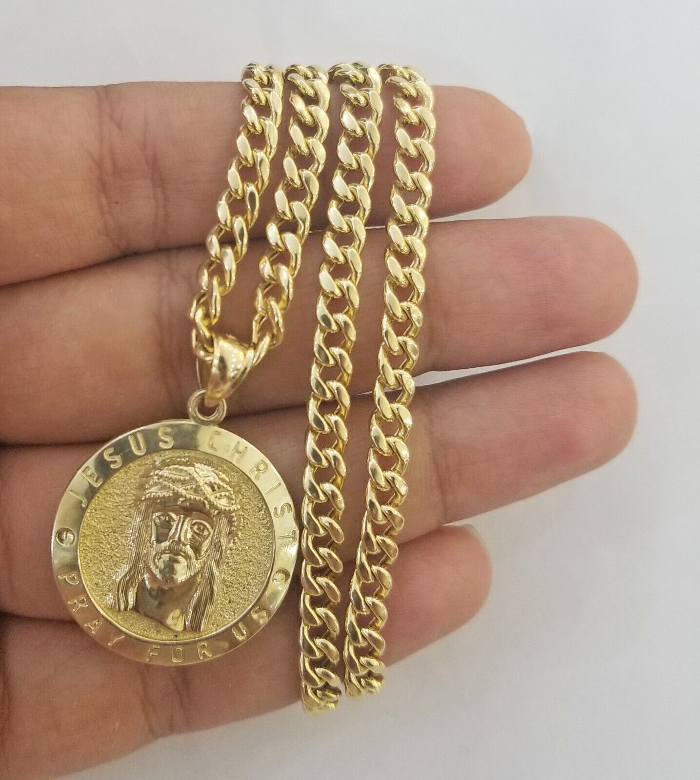 Real 10k Gold Jesus Pendant Miami Cuban link Chain 4mm 20" Set Round