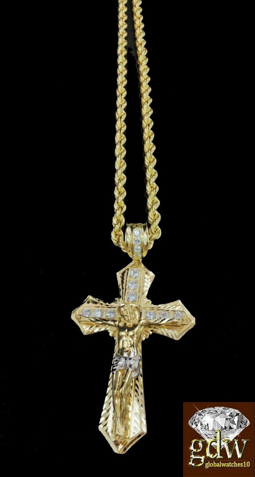 Real 10k Mens Yellow Gold Jesus Cross Charm/Pendant with 28 Inch long Rope Chain