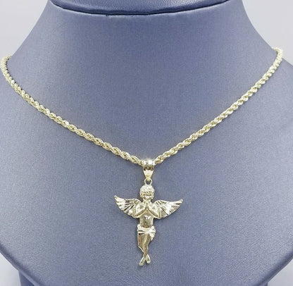 10k Yellow Gold Rope Chain, Angel Charm Pendant Necklace Set 18"- 28" Real 10kt