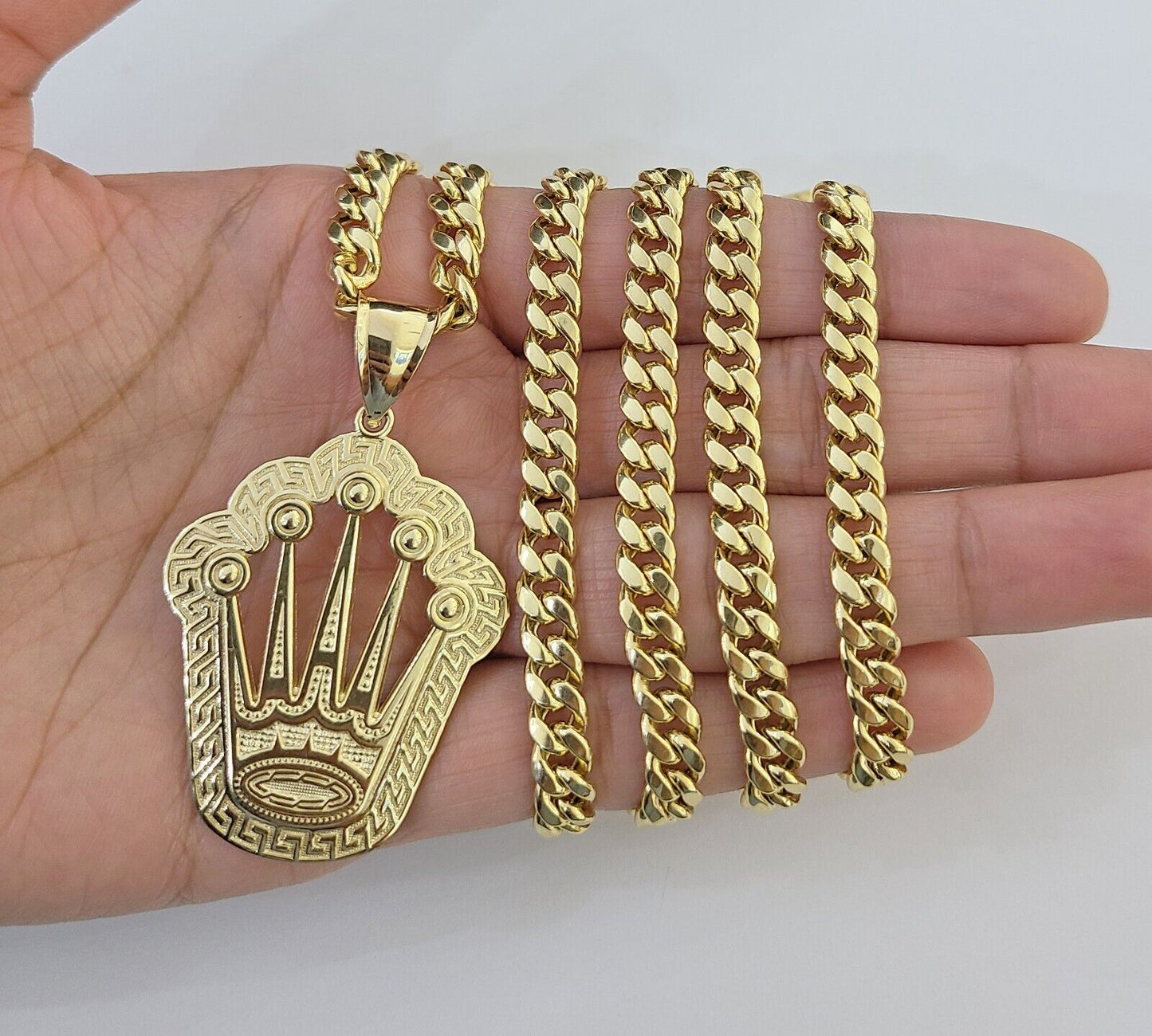 10K Yellow Gold Crown Pendent Charm 6mm Miami Cuban Link Chain 18 - 30" Inch