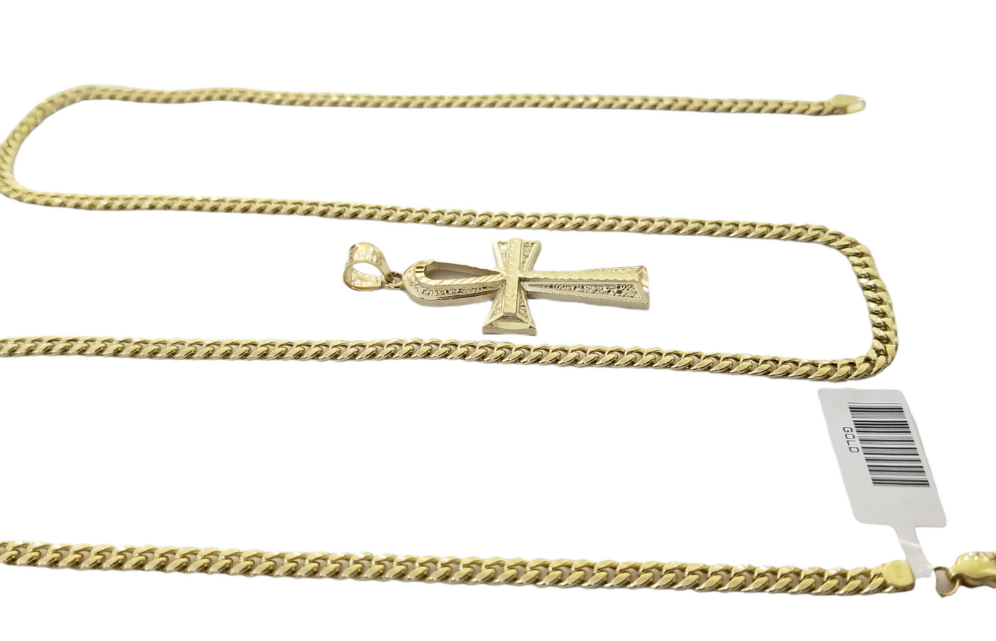 10K Gold Ankh Cross Egyptian Symbol Pendant Charm 4mm Cuban Link Chain 26" Inch