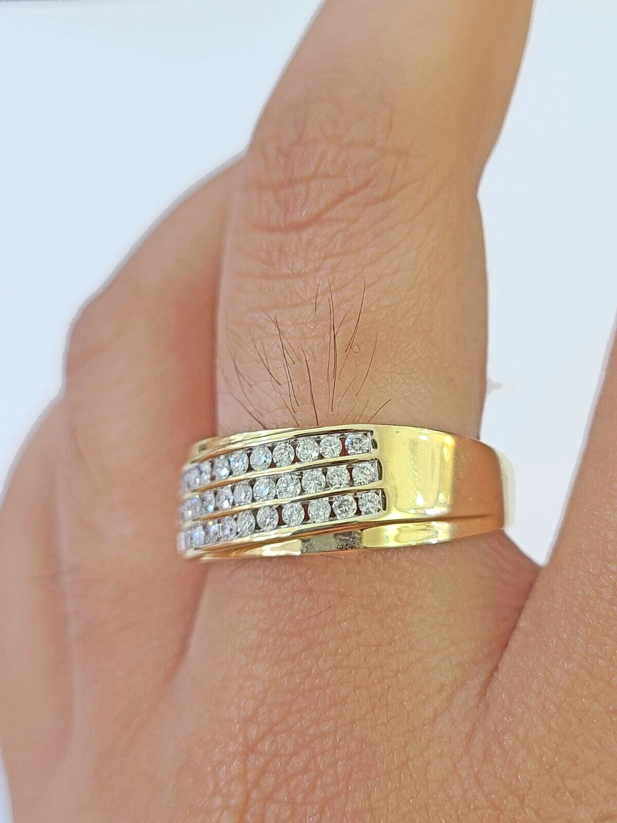 Real 10k 3 Row Diamond Mens Ring Yellow Gold Band Genuine Natural