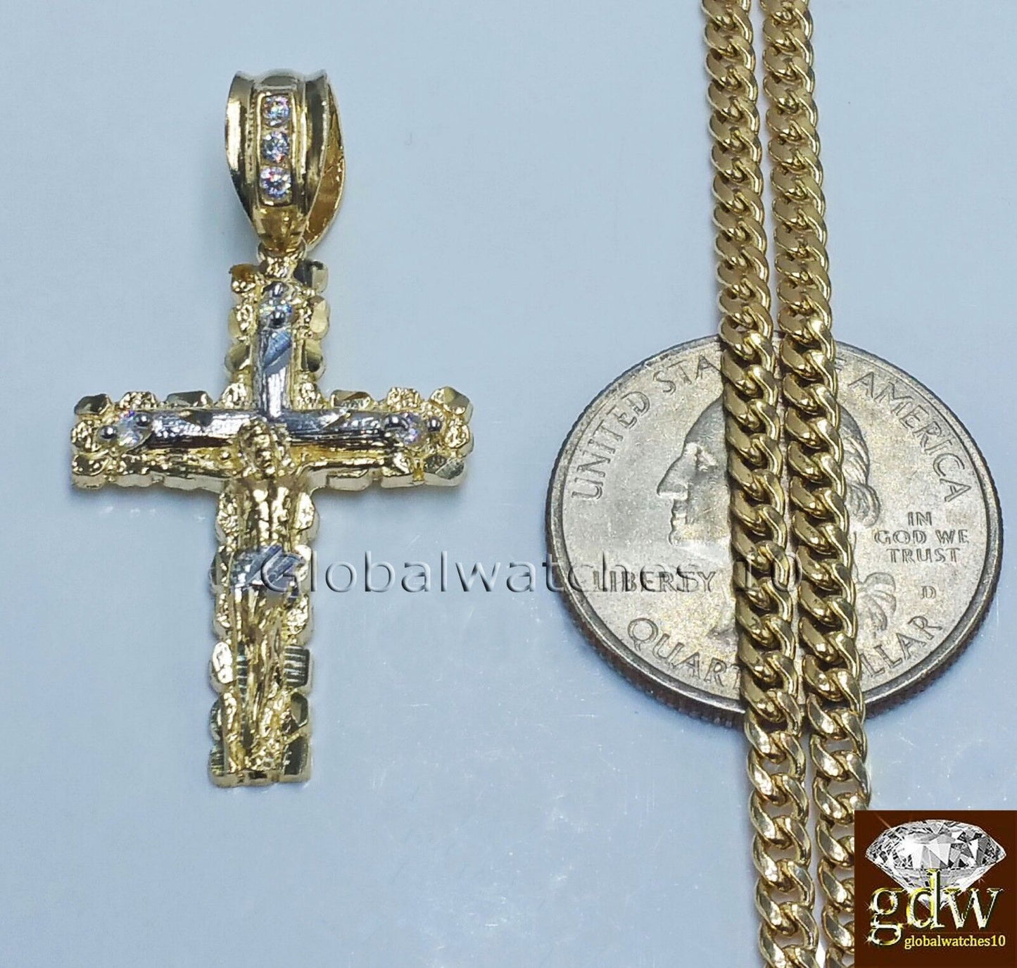 10k Yellow Gold Jesus Cross Charm Pendant 10K 24" Miami Cuban Chain SET Real