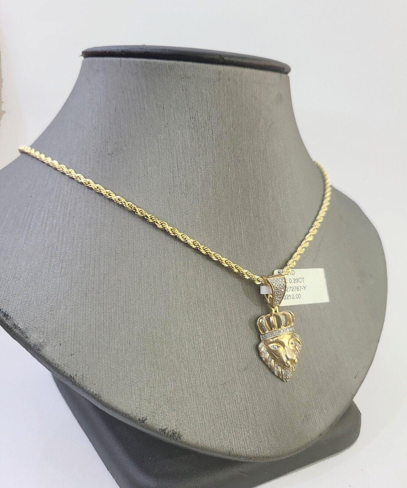 10k Gold Lion Head Diamond Charm and 2.5mm Rope Chain 24"