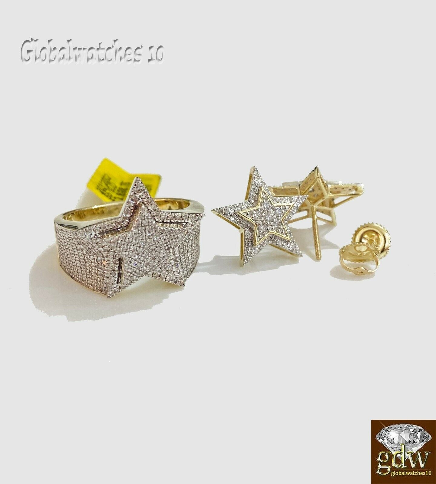 10k Gold Mens Diamond Ring and Earring Set Star Shaped Ring and Earring Real