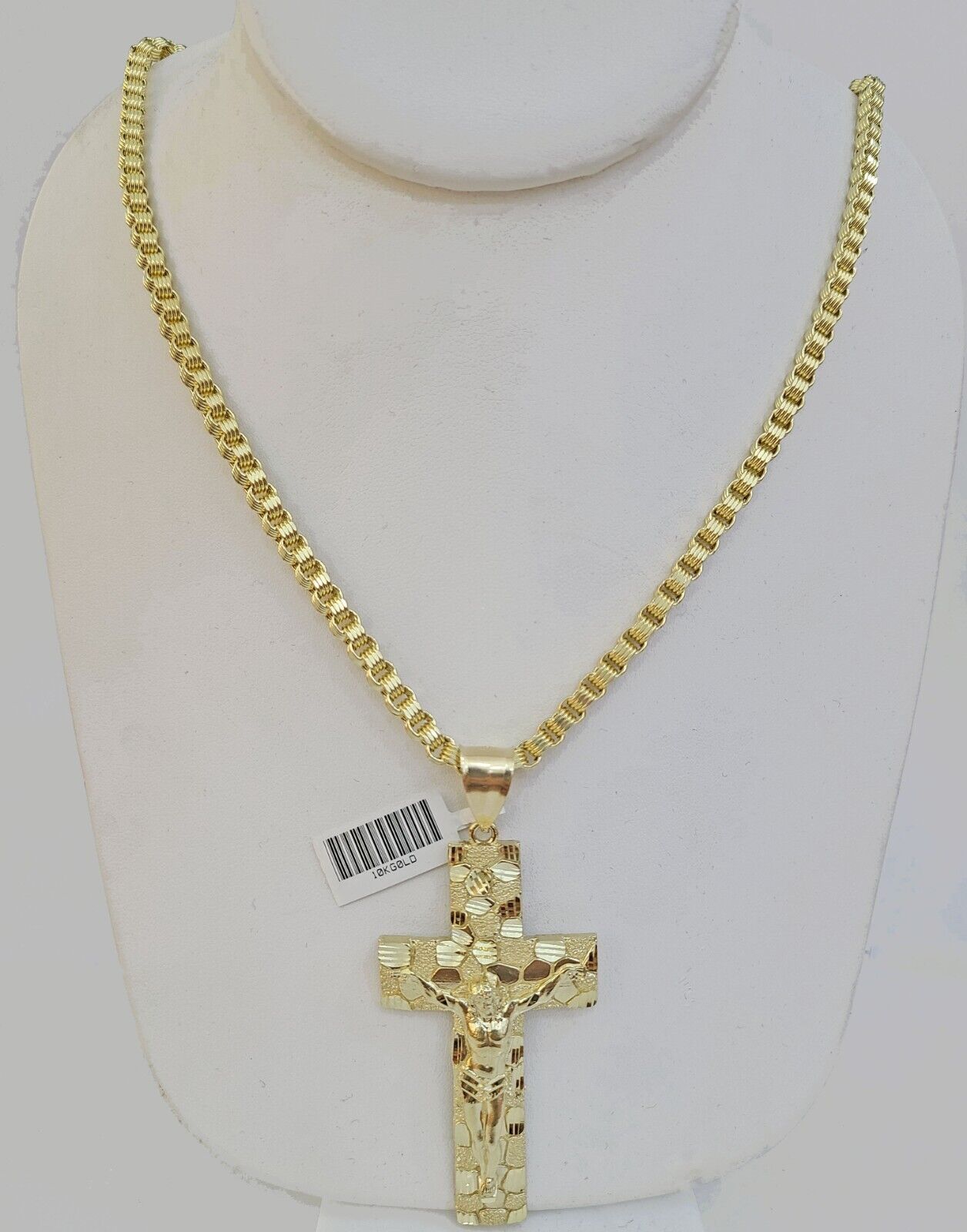 Real 10k Gold Nugget Cross Byzantine Chain Necklace 4mm 24" Chain Charm SET 10kt