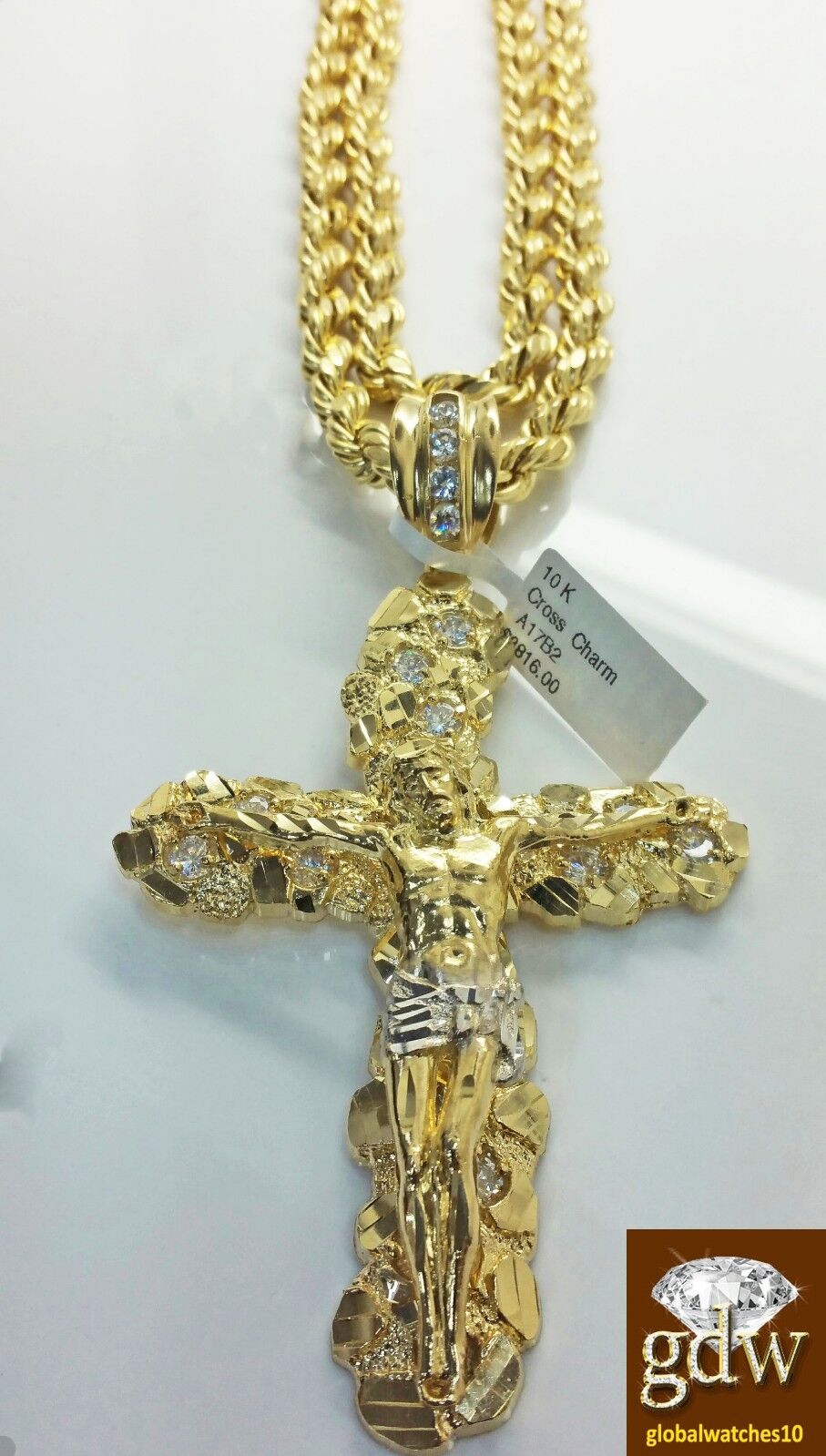 Real 10k Yellow Gold Rope Chain 26" 7mm And Real 10k Jesus Cross Charm pendant