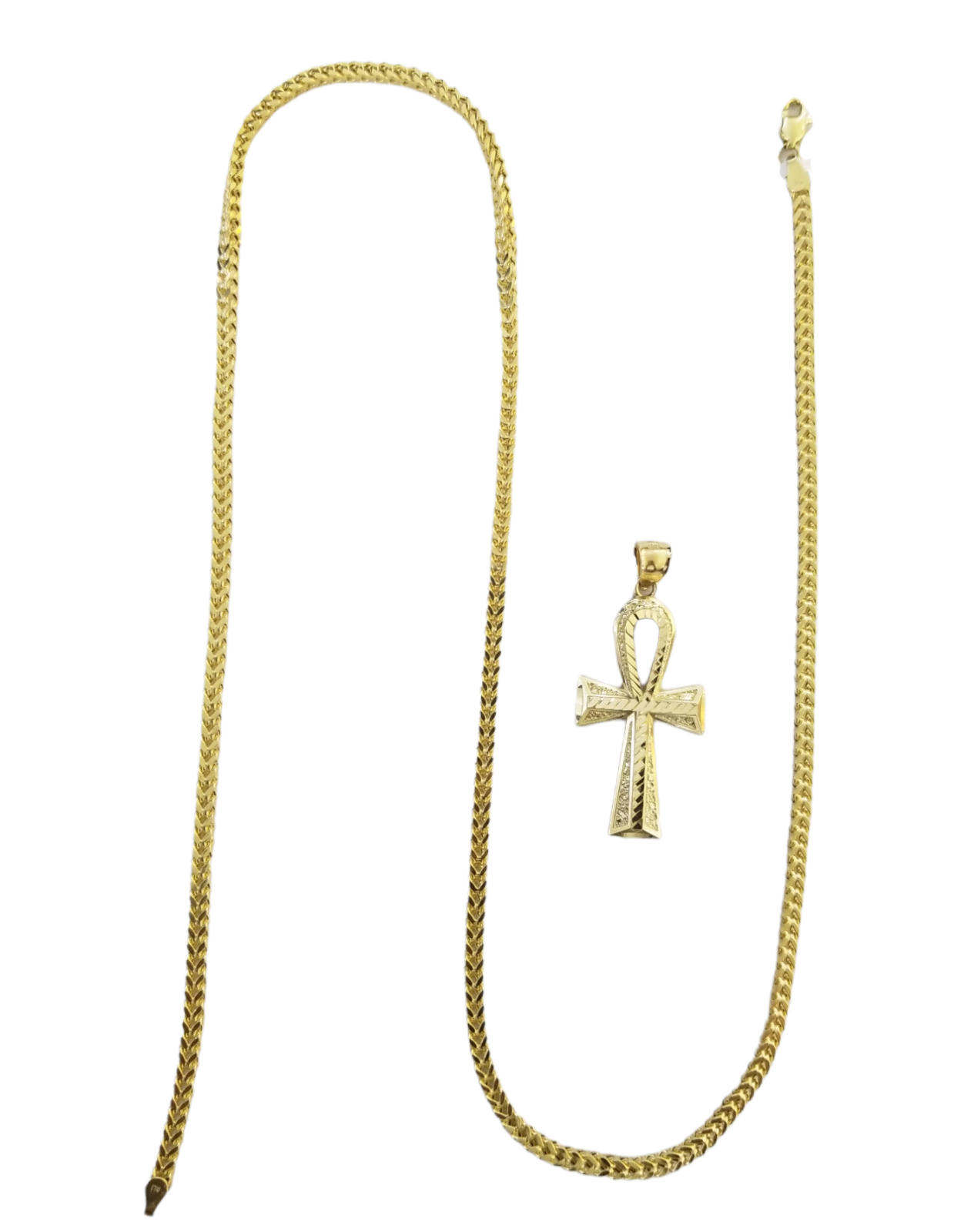 Real 10k Gold Ankh Cross Egyptian Symbol Pendent 3mm Franco Chain 18"-28" Inch