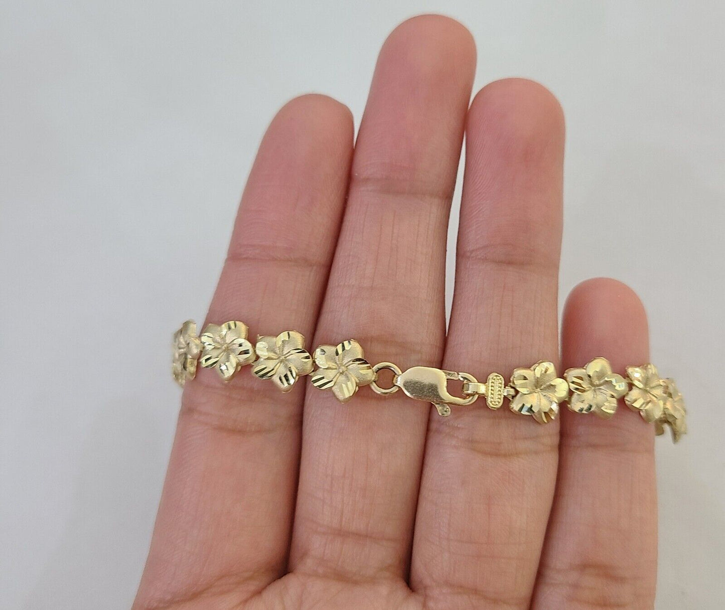 Real 10K Yellow Gold Flower Bracelet 9mm 8 Inches 10kt Gold