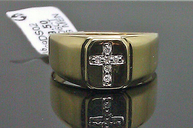 REAL 10K Mens Yellow Gold Round Diamond Ring  Cross Band