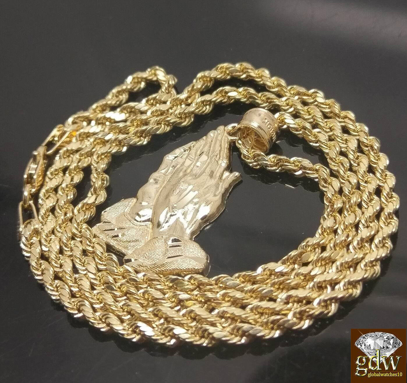 10k Gold Rope Necklace 20" 2mm Chain Praying Hand Charm Pendant Men Women