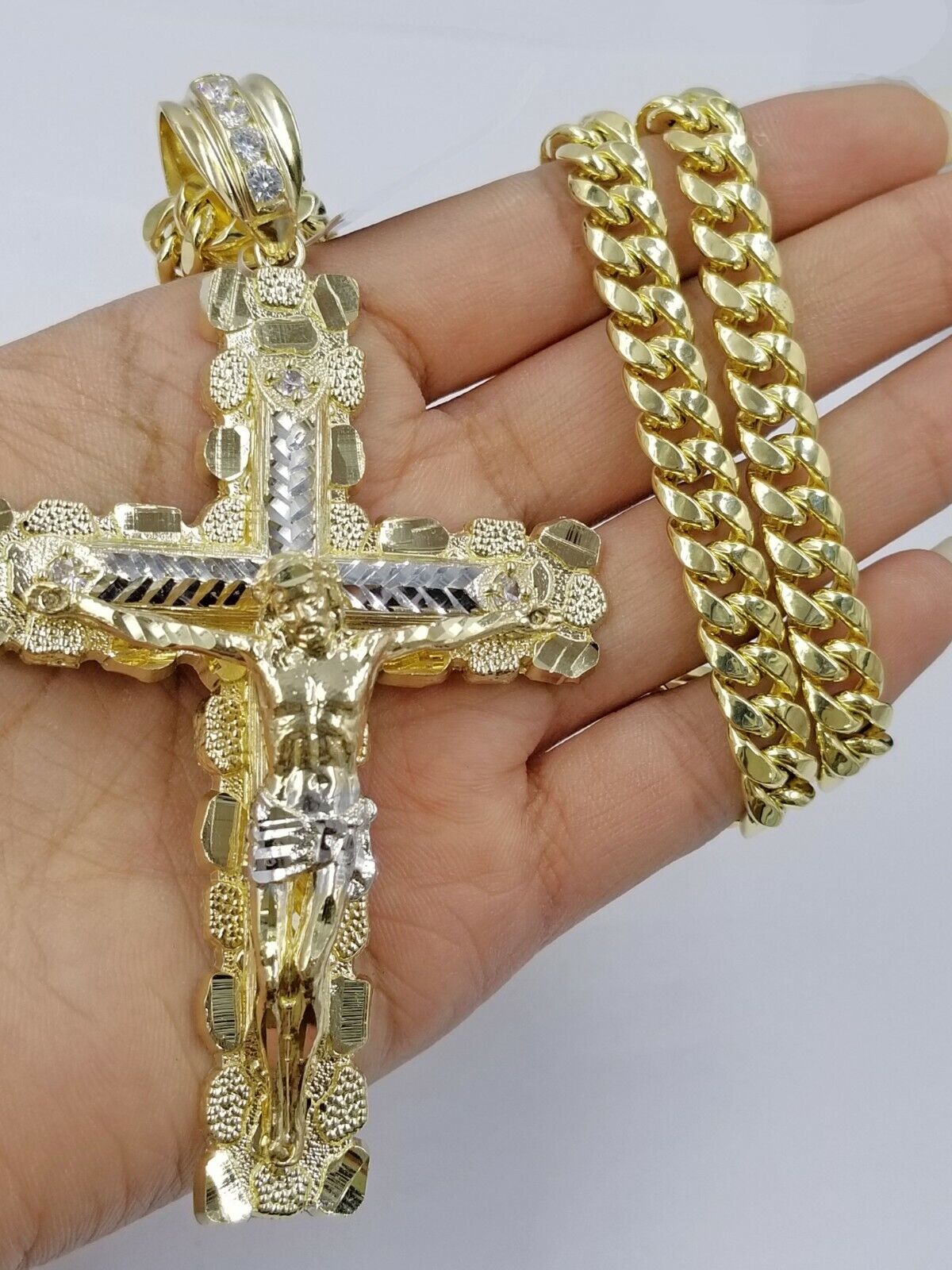 Real 10k Yellow Gold Men Jesus Cross Charm with Miami Cuban Chain Diamond Cut