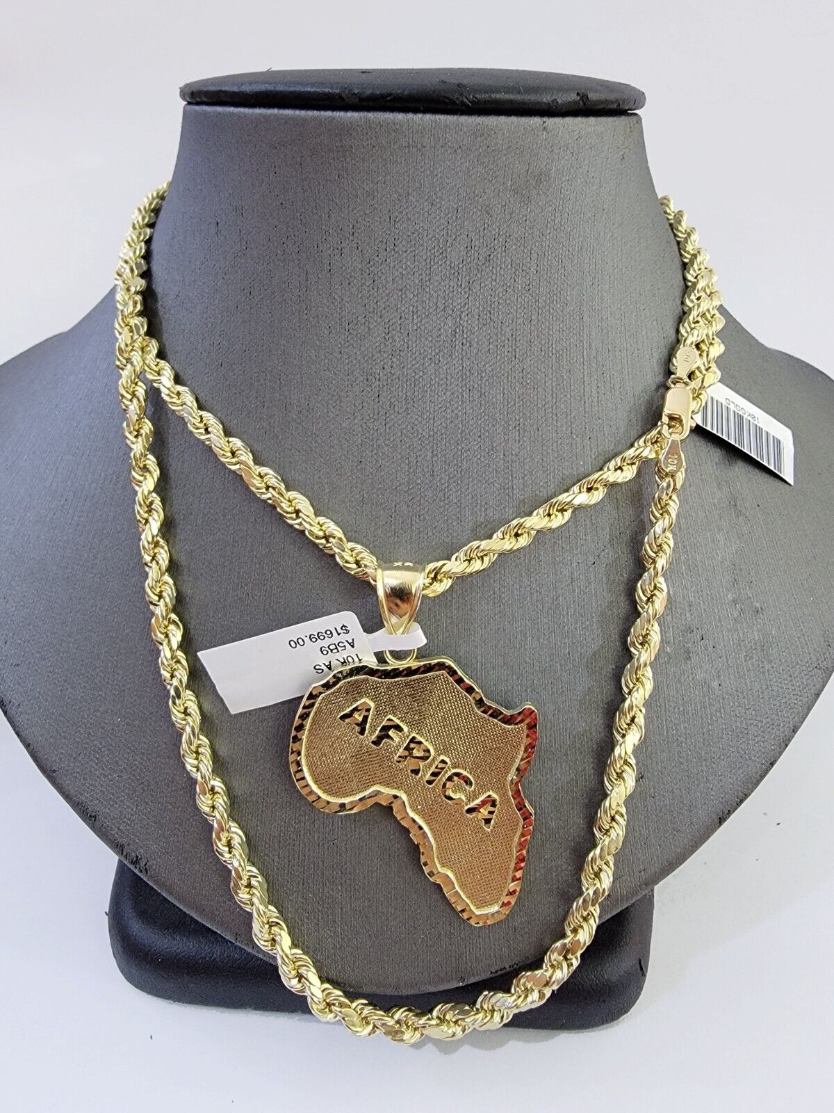 10K Gold Rope Chain African Map Charm Pendant Diamond Cut Men's Women's