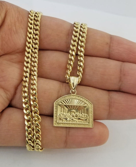 Real 10 k Gold Last Supper Charm Miami Cuban Chain 4mm 24" Necklace pendant set