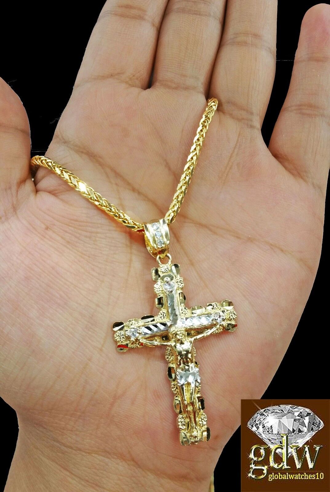 Real 10k Yellow Gold Mens Jesus Cross Charm Pendant Palm 22"