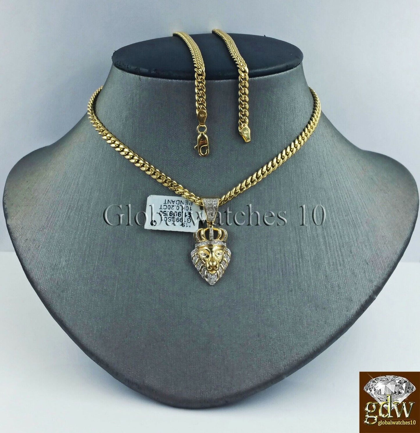 10k Gold & Diamond Lion's Head Charm with 26" Inch Miami Cuban Chain  Men Real