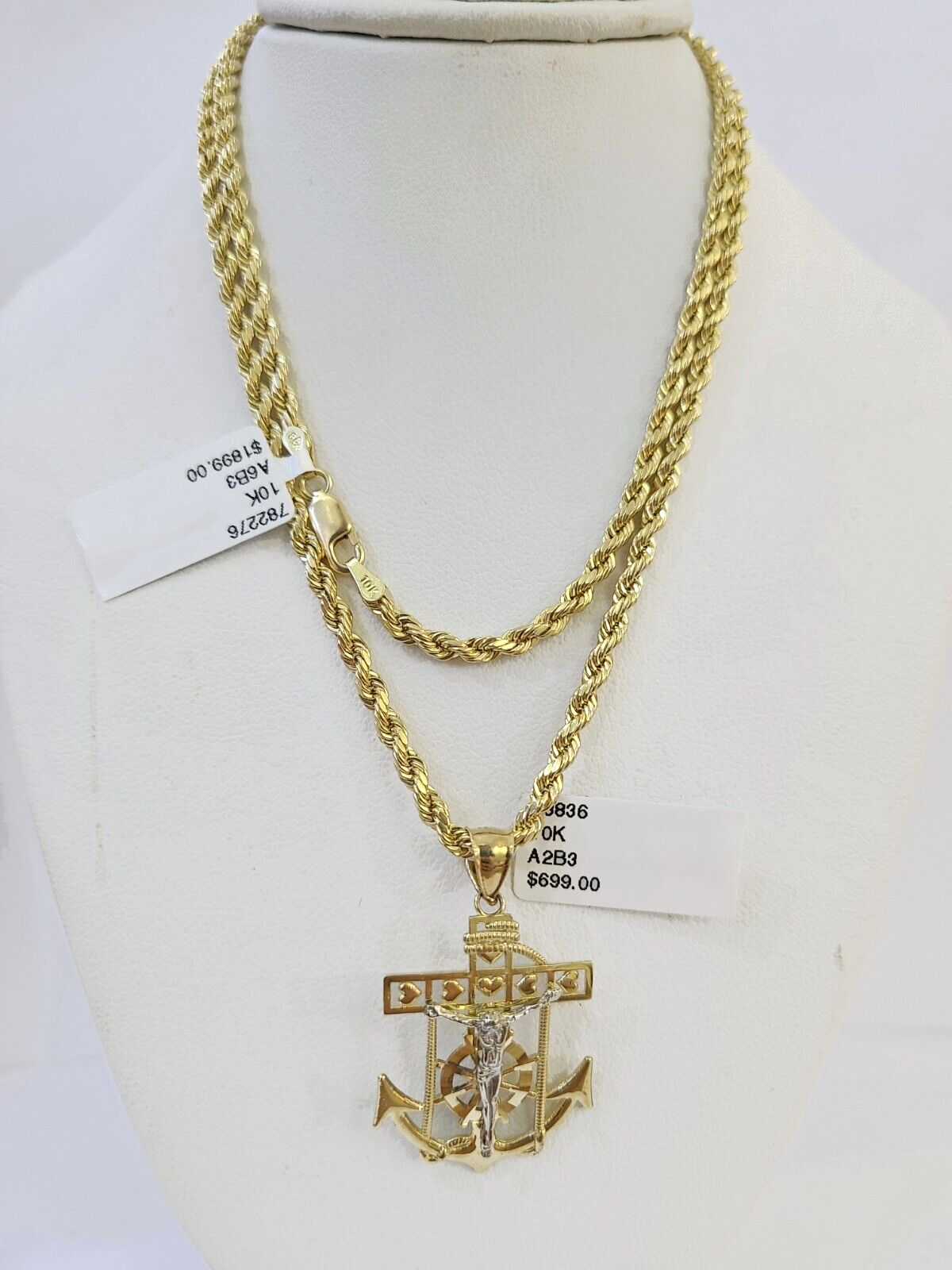 10k Gold Anchor Jesus Pendant Rope Chain 3mm 26'' Necklace Set Diamond ...