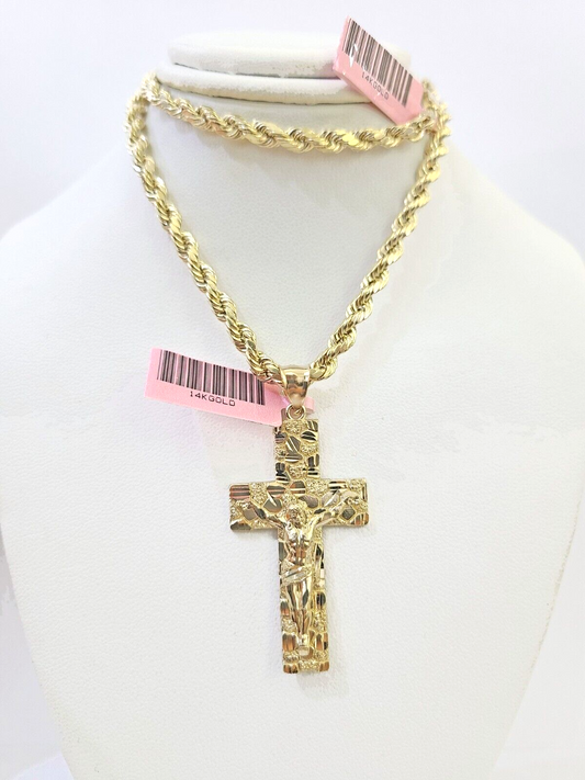 14k Yellow Gold Rope Chain Cross Pendant Charm SET 4mm 22 Inch Necklace REAL