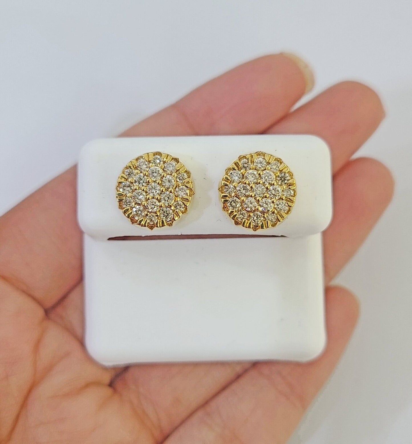 10k Yellow gold Flower Earrings Real Diamond screw-back Women Men studs