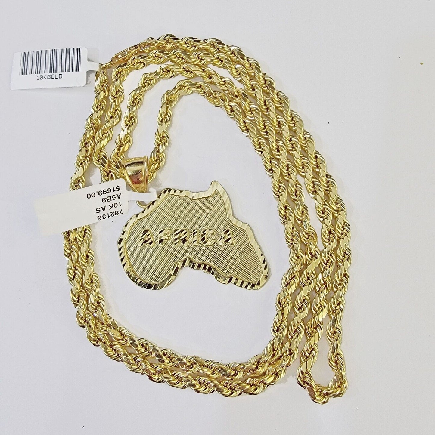 10K Gold Rope Chain African Map Charm Pendant Diamond Cut Men's Women's