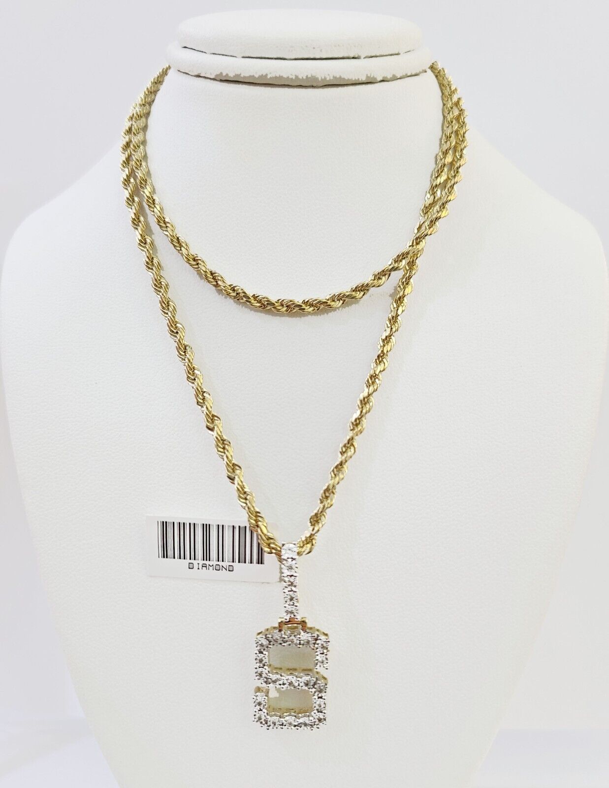 Real 10k Yellow Gold Genuine Diamond "S" Initial Pendent with 22 Inch Rope Chain