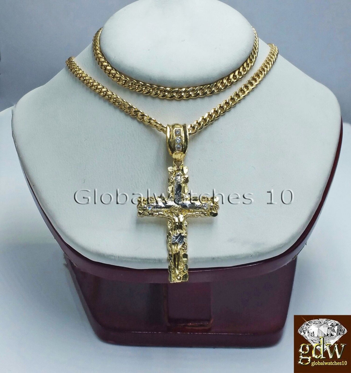 10k Yellow Gold Jesus Cross Charm Pendant 10K 24" Miami Cuban Chain SET Real