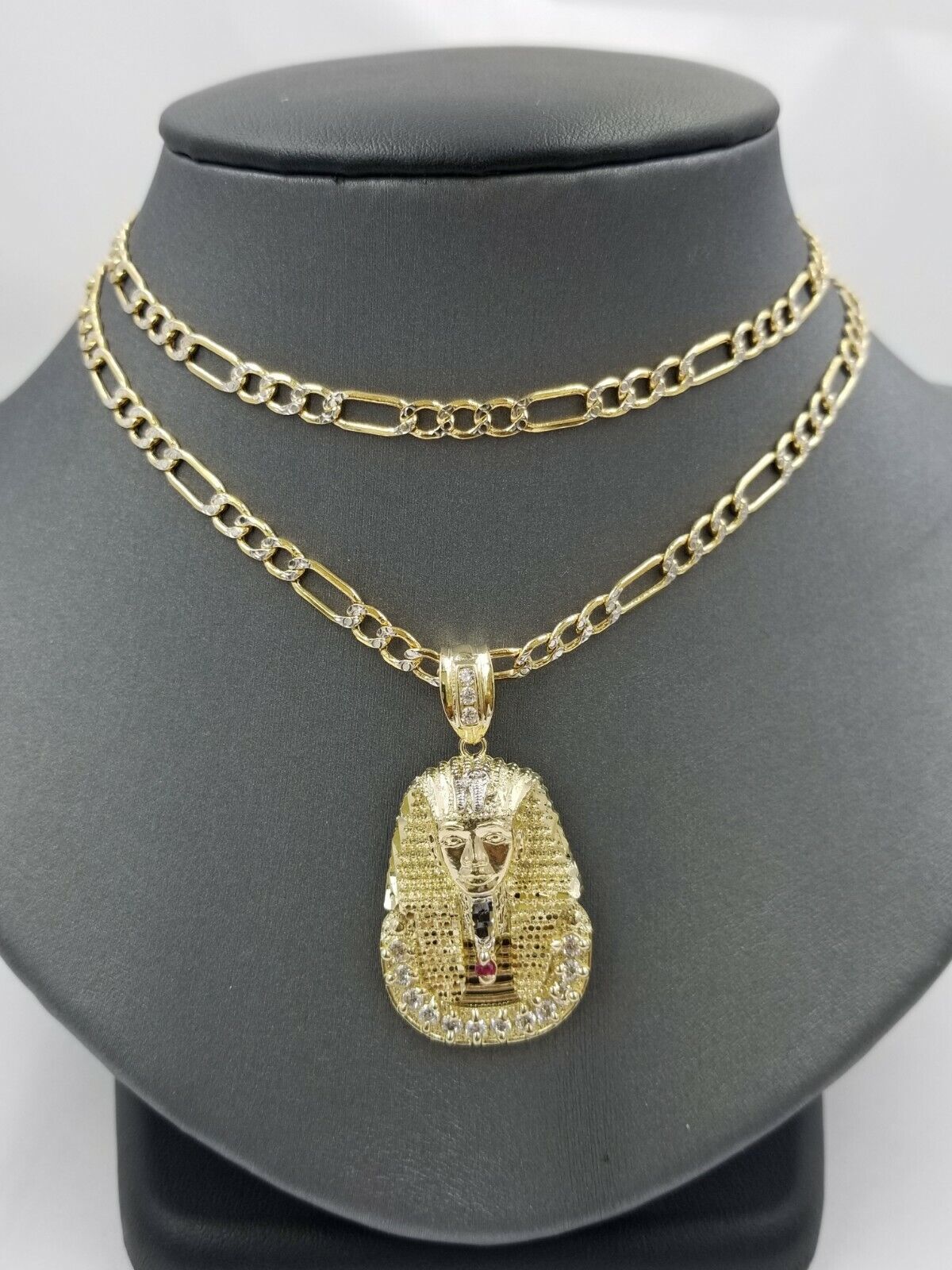 Real 10k Figaro Chain 24" Inch Diamond Cut 1.5 Inch Pharaoh Head Charm Pendant