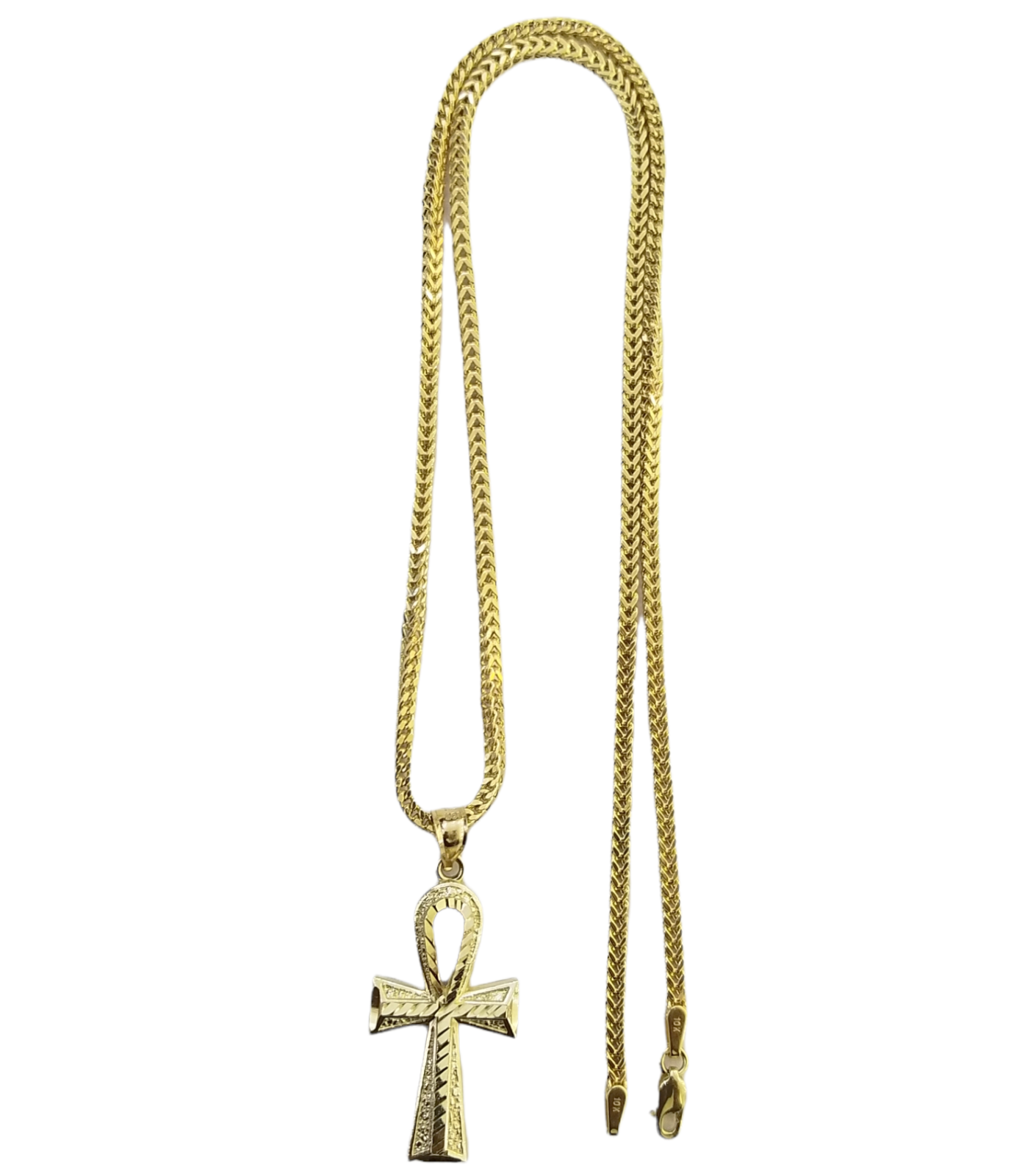 Real 10k Gold Ankh Cross Egyptian Symbol Pendent 2mm Franco Chain 18"-26" Inch