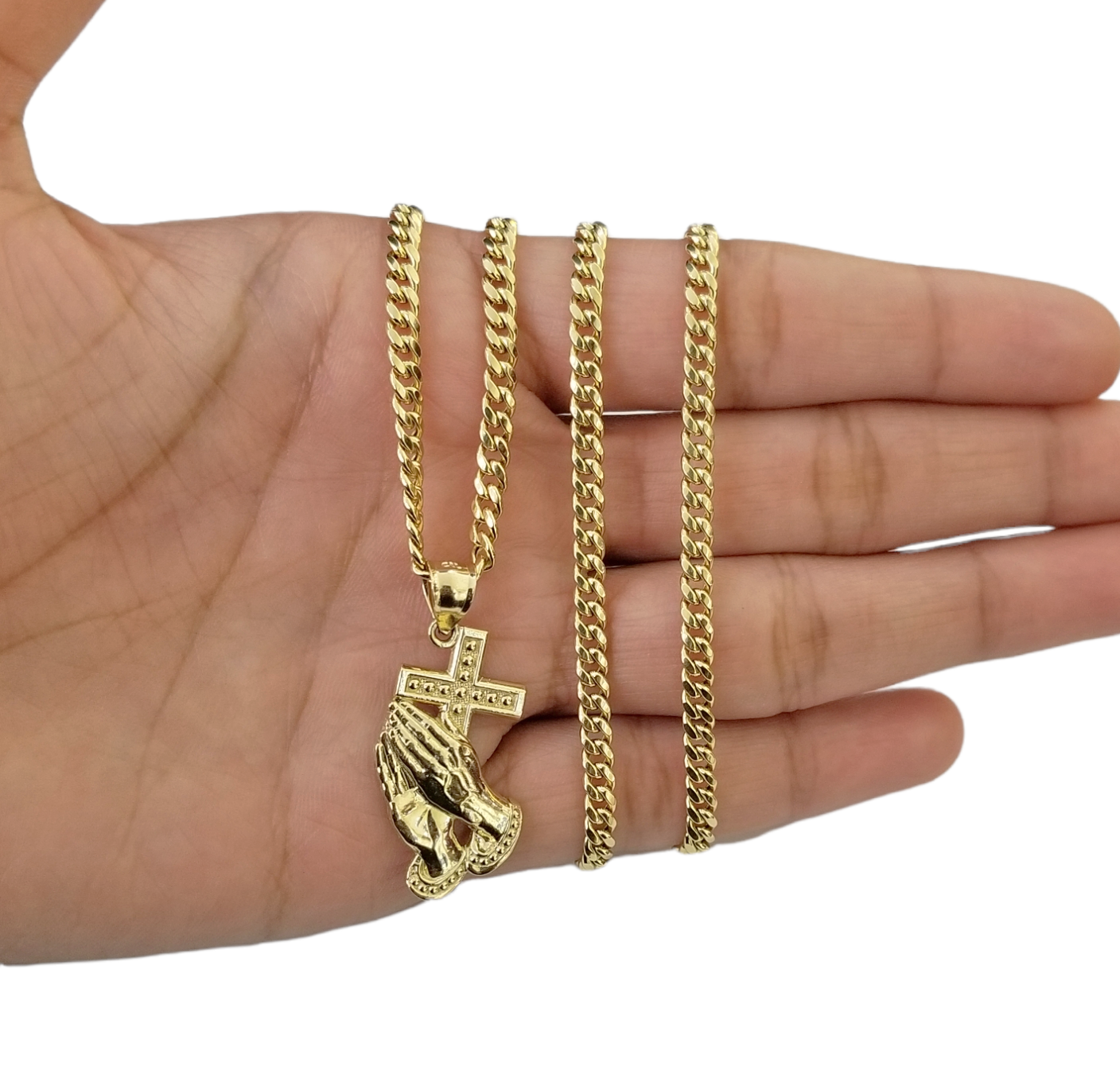 Real 10k Gold Praying Hand Cross Charm Pendent 4mm Cuban Chain 18"- 30" Inch