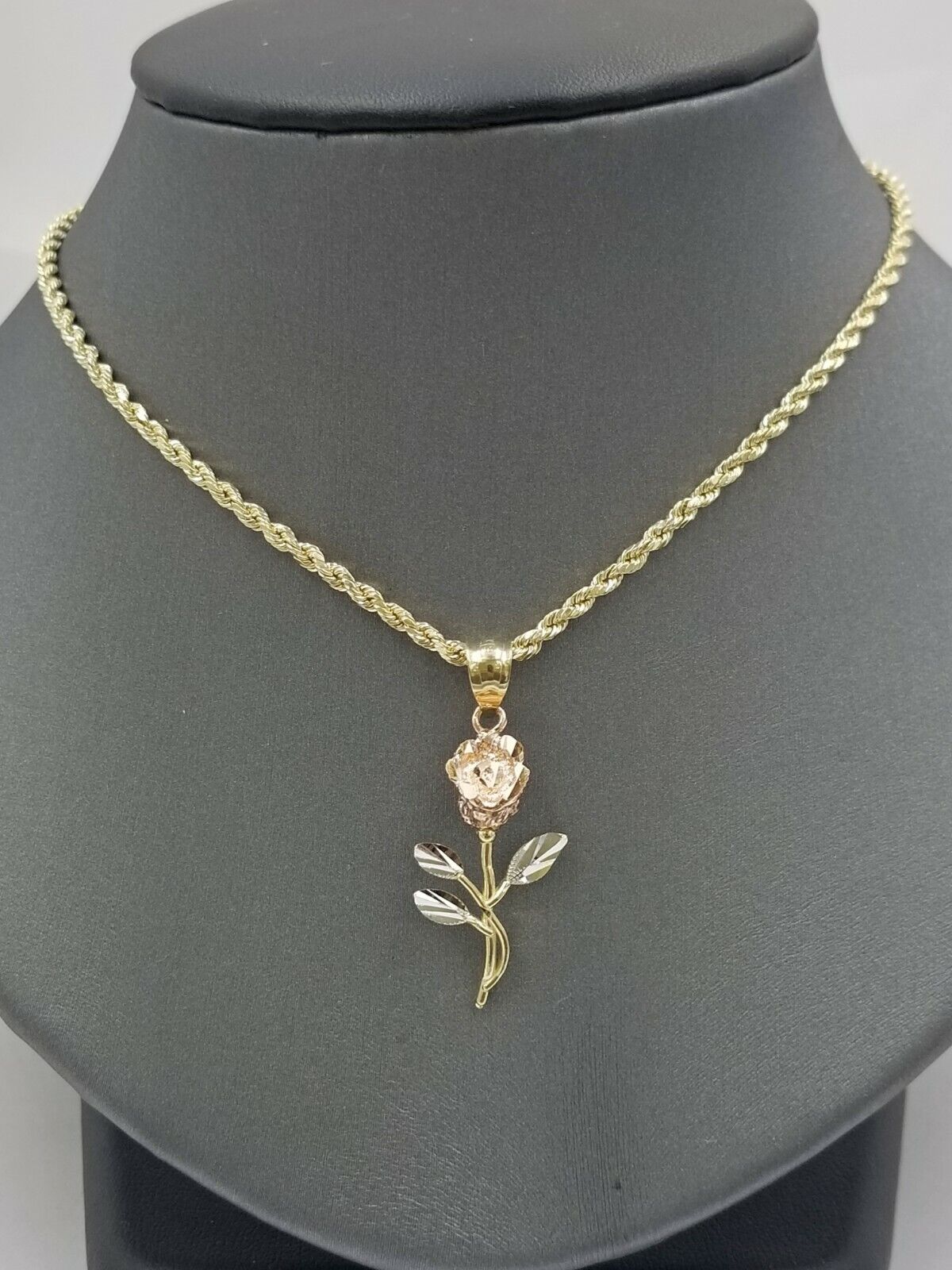 10k Trio Gold Rose Flower Charm Rope Chain Pendant 2.5mm 18 20 22 24 26 28 Inch