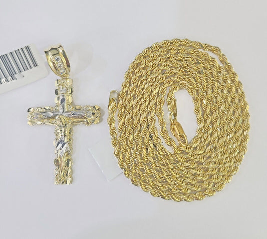 14k Yellow Gold Rope Chain 2.5mm 18Inches & Jesus Nugget Cross Charm SET