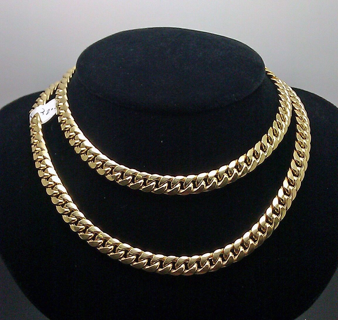 Real 10k Gold Chain Miami Cuban Necklace 7mm 20" Box Lock 10kt Yellow Gold Men's