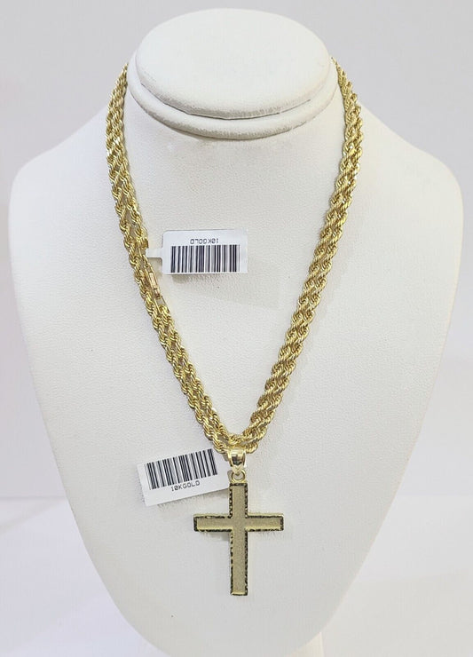 10k Gold Rope Chain & Cross Charm Pendent SET 3mm 22 Inches Necklace