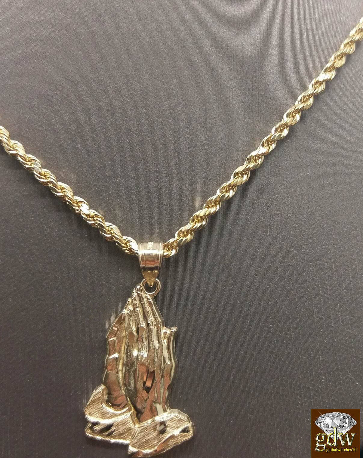 10k Gold Rope Necklace 20" 2mm Chain Praying Hand Charm Pendant Men Women
