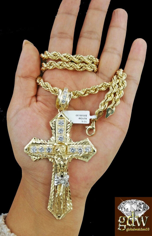 Real 10k Mens Yellow Gold Jesus Cross Charm/Pendant with 28 Inch long Rope Chain