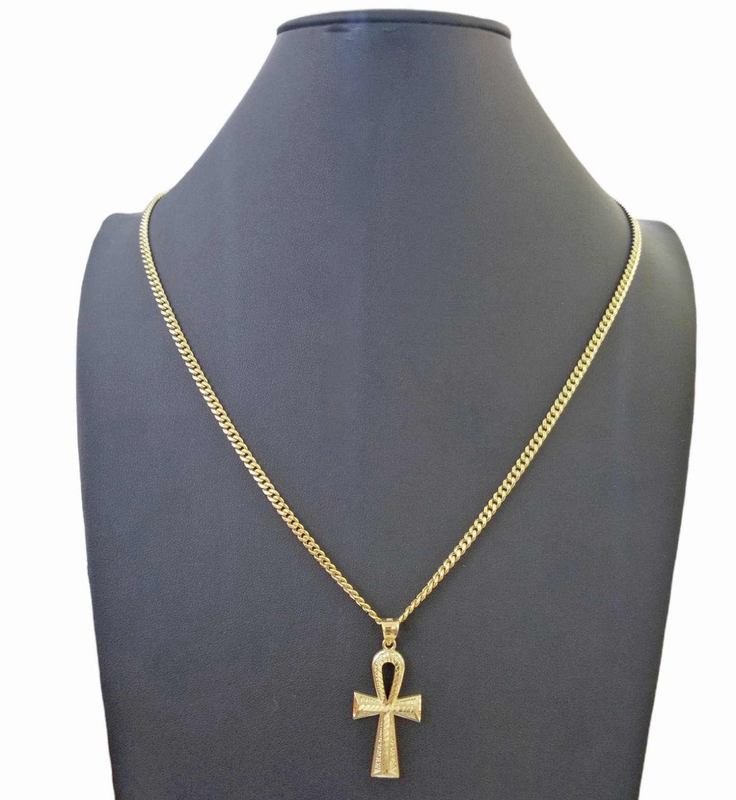 Real 10k Gold Ankh Cross Pendent 4mm Cuban Link Chain 18"20' 22" 24" 26" SET