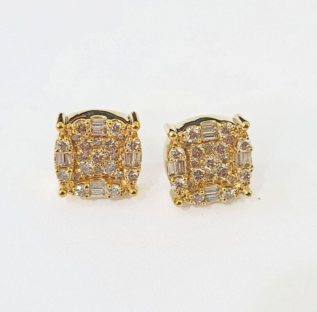 10k Yellow gold Flower Earrings Real Diamond screw-back Women Men studs