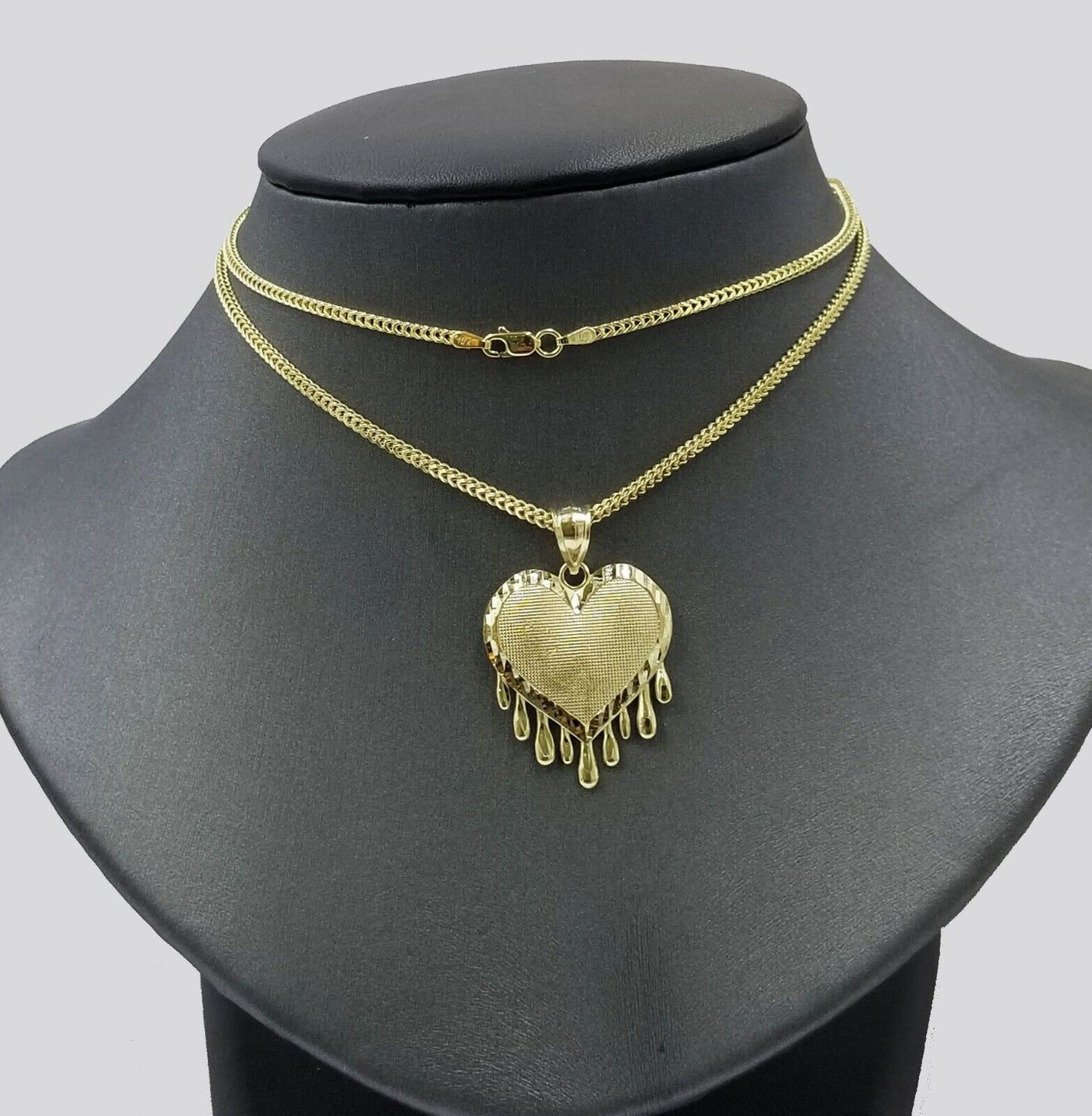 Real 10k Yellow Gold Charm Pendant Dripping heart with Franco Chain 18" 2mm