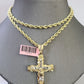 14k Yellow Gold Rope Chain & Jesus Nugget Cross Charm SET 4mm 20 Inches Necklace