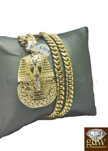 Real 10k Gold Men Egyptian Pharaoh Charm 28 Inch Miami Cuban Chain