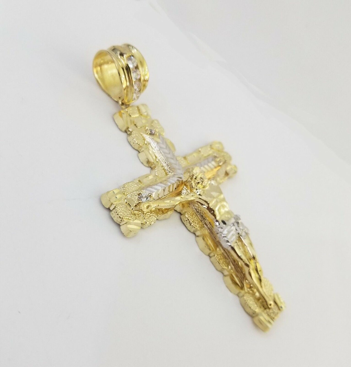 Mens Real10K Gold Nugget Cross Pendant Diamond Cut,10kt yellow Gold Charm