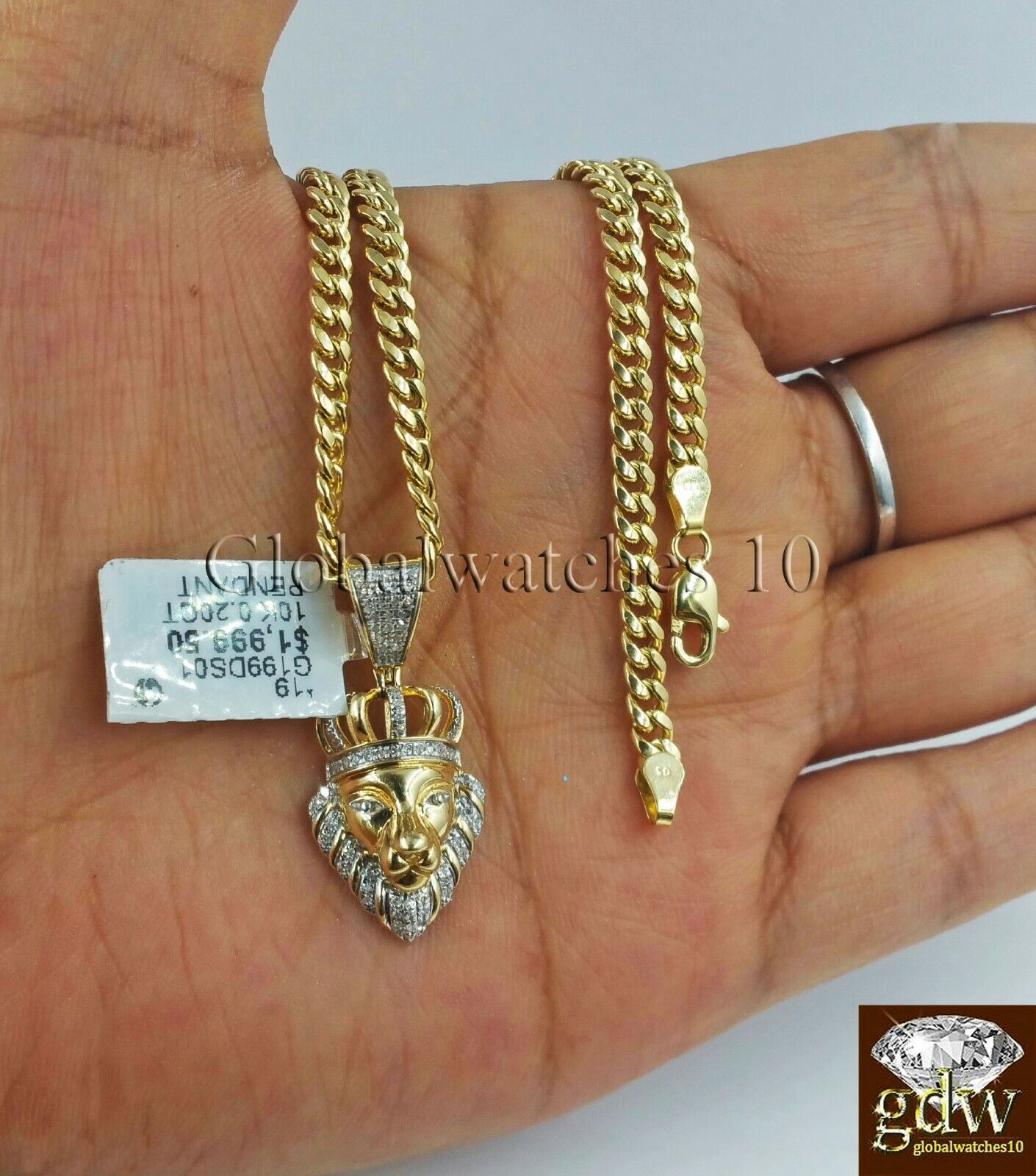 10k Gold & Diamond Lion's Head Charm with 26" Inch Miami Cuban Chain  Men Real