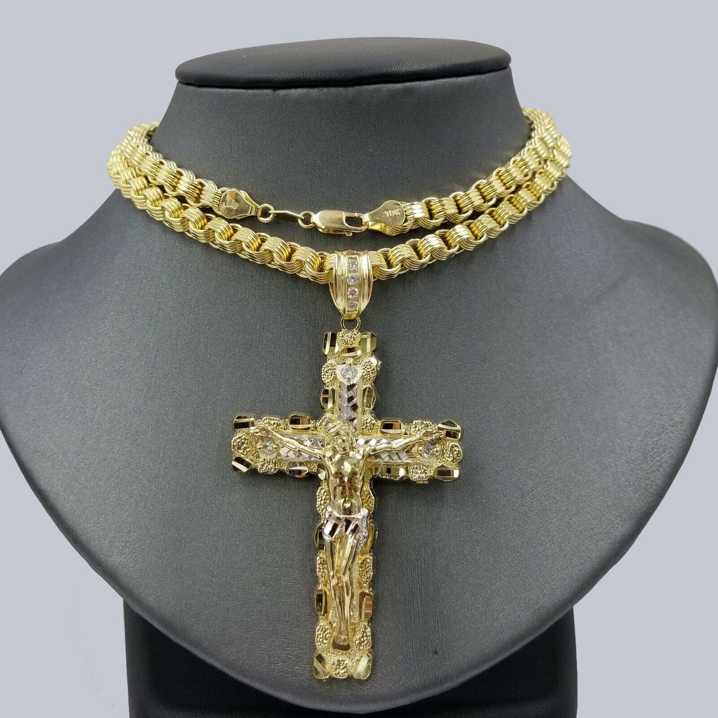 10k Gold Byzantine 24" Necklace Jesus Nugget Cross Pendant 3" Charm 5mm Chain