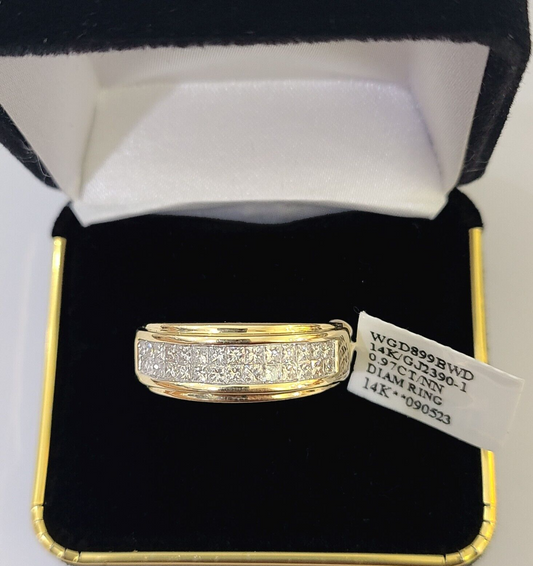 Real 14k Yellow Gold Diamond Mens Ring Two Row Band Wedding Genuine Natural